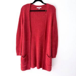 Love tree Long Sleeve Red Fuzzy Soft Eyelash Longline Open Front Cardigan Small